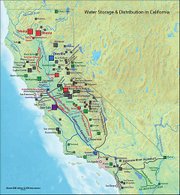 <strong>California Water Infrastructure</strong>
Blue -- State Water Project (SWP) / Red -- Central Valley (CVP) / Purple -- SWP-CWP shared / Green -- Other federally owned/operated / Grey -- State and private