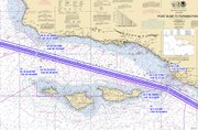 The current configuration of Santa Barbara Channel shipping lanes: The pink lane is southbound, the white is northbound, and the purple area is the buffer zone in between.