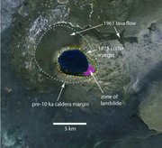 A map of the Askja caldera shows the 1875 crater, the 1961 lava flow, and the July 2014 landslide.