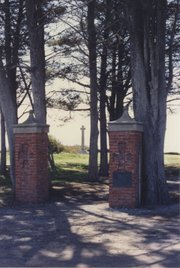 Pillars at the former Campbell estate with the memorial in the background, 1971.