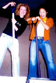Ostini took actresses Virginia Madsen (above left) and Sandra Oh around wine country, where the duo did punch downs on recently harvested grapes.