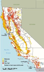 Map of California high fire hazard zones show state responsibility areas in colors ranging from yellow to dark orange. White areas are federal or local firefighting jurisdictions.