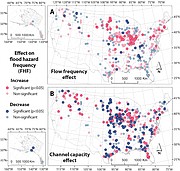 Red represents increases and blue decreases in flood hazard frequency. Deeper colors indicate sites with statistically significant trends.
