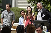 The UCSB Bren School's Steve Gaines (right) introduces the Slightly Nutty team of Tyler Isaac, Jacob Skaggs, and Megan Miranda on April 10.