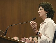 Environmental Defense Center attorney Linda Krop argues for her client Surfrider that the rock revetment be reduced.