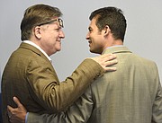 State Senator Bob Hertzberg and Assemblymember Das Williams share a moment after a meeting on community services for Isla Vista. (July 22, 2015)
