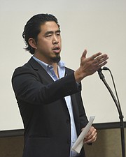 Jonathan Wang with the Adsum Education Foundation speaks to the scholarship program for AB540 students at the Faulkner Gallery (Aug 12, 2015)
