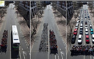 An indication of the space taken by 69 people on a bus, bikes, or cars.