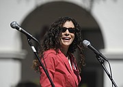 Goleta School Boardmember Susan Epstein at De la Guerra Plaza for a rally on International Women's Day