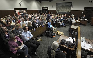 Landlords gathered early and filled City Council Chambers and the overflow room the before a Santa Barbara City Council meeting on potential tenant protections