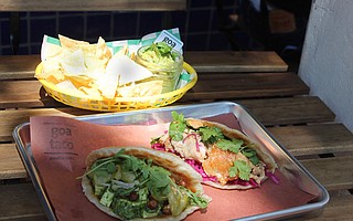 Paneer cheese taco (left) and pork belly taco (right)