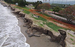 Cratering along the shore at Goleta Beach Park shows the effects of winter storms.