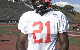 Manny Nwosu (21), an SBCC sophomore from Dos Pueblos High, will be a featured running back for the Vaqueros.