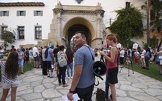 Eder Gaona-Macedo of Future Leaders of America at a rally in defense of Deferred Action for Childhood Arrivals (DACA) at the Santa Barbara Courthouse