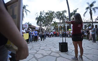 Nayra Pacheco (right) of Just Communities at a rally in defense of Deferred Action for Childhood Arrivals (DACA) at the Santa Barbara Courthouse