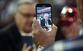 Sheriff Joe Arpaio speaking with supporters at a campaign rally for Donald Trump at the Prescott Valley Event Center in Prescott Valley, Arizona.