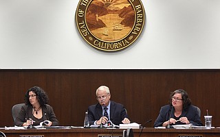 The city’s Ordinance Committee — on Tuesday, composed of (from left) Mayor Helene Schneider and councilmembers Randy Rowse and Cathy Murillo — pondered the finer points of a new cannabis ordinance.