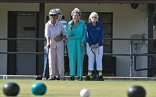 Pearl Slauterbeck (left), Jo Millett, and Carol Smith have been active for decades at the Santa Barbara Lawn Bowls Club.