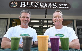 Scott Webber (left) and Art Tracewell, two of Blenders’ three founders (third founder Keric Brown was surfing in El Salvador), introduce their new, nondairy, plant-based smoothies.