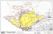 As of 3:00 a.m. on Thursday, December 7, mandatory evacuations (outlined in red) and voluntary evacuations (outlined in orange) currently called for Ventura County. The fire perimeter is highlighted in yellow.