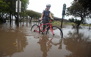 UCSB grad student Katherine Hyatt braces the elements
