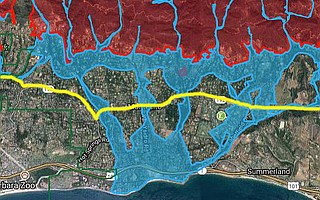 County officials predicted massive flooding below Highway 192, highlighted here in yellow. This map was presented last Friday, January 5, during a press conference to warn Montecito residents of the upcoming storm.