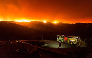 The Whittier Fire burns over the Santa Ynez Range towards El Capitan after igniting near Camp Whittier a few days prior.
