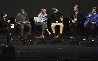 L to R Moderator Scott Feinberg interviews Santa Barbara International Film Festival 2018 Outstanding Directors of the Year Award honorees Jordan Peele, Greta Gerwig, Paul Thomas Anderson, Christopher Nolan, and Guillermo del Toro at the Arlington Theatre (Feb. 6, 2018) .
