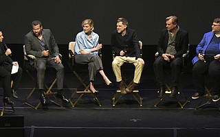L to R Moderator Scott Feinberg interviews Santa Barbara International Film Festival 2018 Outstanding Directors of the Year Award honorees Jordan Peele, Greta Gerwig, Paul Thomas Anderson, Christopher Nolan, and Guillermo del Toro at the Arlington Theatre (Feb. 6, 2018) .
