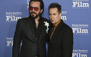 Santa Barbara International Film Festival Executive Director Roger Durling with 2018 Rivera Award honoree Sam Rockwell on the red carpet the Arlington Theatre. (Feb. 7, 2018)