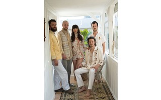 L-R: Justin Flint, Alex Siegel, Love Femme, Shane McKillop, and Omar Velasco combine to form the funk-rock group Amo Amo.