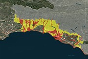 Areas designated by the county as at-risk for debris flows and flooding, with red areas at "extreme risk" and yellow areas at "high risk."