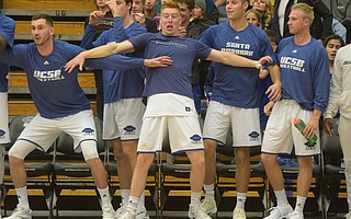 Gauchos failing to contain their excitement on their 86-61 victory over Cal Poly at the Thunderdome last Saturday