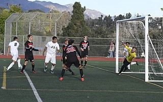 Jorge Ochoa (8) scored this second-half goal for the Santa Barbara Dons, but the San Clemente Tritons won their CIF regional semifinal, 3-1.