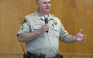 Santa Barbara Sheriff's Deputy Jaycee Hunter, the newly appointed Safety Resource Officer at San Marcos High School, at a community forum on School Safety and Climate at La Colina Junior High School