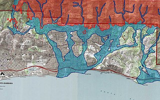 This topography-based map highlights with pinpoint precision the areas along Montecito creek basins that would likely be impacted by flooding and debris flows in a heavy storm. It proved remarkably accurate but was only briefly available to the public until it was replaced with the Highway 192 evacuation map.