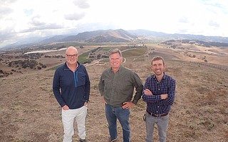 Blair Pence (center) stands atop his property on the eastern edge of the Sta. Rita Hills with general manager Stephen Janes (left) and winemaker John Faulkner (right).