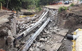 Arroyo Paredon Bridge was demolished Tuesday morning to begin work on a new bridge, which Caltrans anticipates completing this fall.