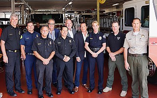S.B. City Fire Battalion Chief Chris Mailes, S.B. County Firefighter Ian Mather; Montecito Fire Chief Chip Hickman, ONE 805 Executive Boardmember Richard Weston-Smith; Carpinteria-Summerland Fire Chief Ray Navarro, ONE 805 Executive Boardmember Paul Cashman; ONE 805 Co-chair Eric Phillips, S.B. Police Chief Lori Luhnow, S.B. Police Officer Greg Hons, and S.B. County Sheriff Lt. Kevin Huddle.