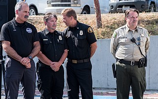 (L to R) Director at Santa Barbara County Office of Emergency Management Robert Lewin, Deputy Incident Commander Matt Ferris, Fire Chief Eric Peterson, and Sheriff Bill Brown at the Holiday Fire Press Conference (July 7, 2018)