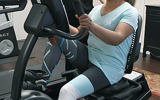 Magdalena Verduzco exercises and stretches with Ageless Fitness's Program Director Julie Pollard
