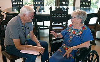FSA’s Michael Leu, a former Apollo engineer and now a long-term-care ombudsman, meets with Mary Modjeski at Mission Terrace Convalescent Hospital, where she is recuperating from a fall