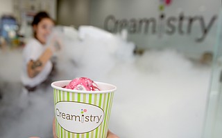 Creamistry, the ice-cream shop that opened on State Street in late June, uses liquid nitrogen to rapidly freeze each custom creation.