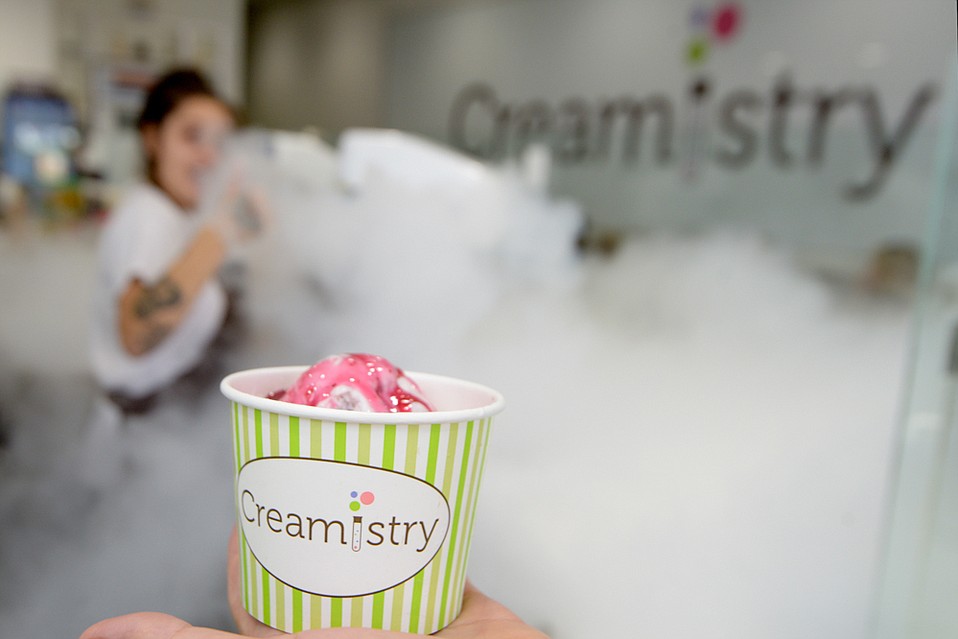 Creamistry, the ice-cream shop that opened on State Street in late June, uses liquid nitrogen to rapidly freeze each custom creation.