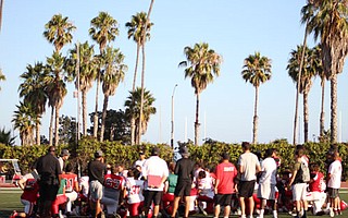 SBCC head coach Craig Moropoulos addresses his team after a recent practice.