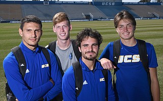 That’s French for teammates, a bond shared by UCSB soccer players (from left) Faouzi Taieb, Carter Clemmensen,
Thibault Candia, and Ben Roach.