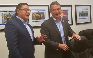 Representatives Salud Carbajal (left) and Don Bacon at Santa Barbara County Fire headquarters last week