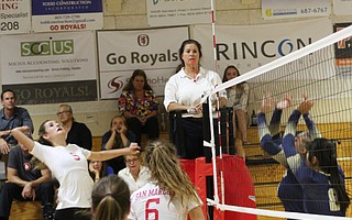 Jayne Wood goes up for the spike.