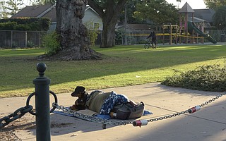 A recent court decision protects people sleeping in public, like this man and his dog in Plaza de Vera Cruz.