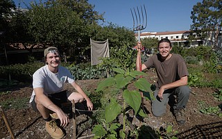 Jackson Hayes (right) and intern Joey Slade tend to SBCC’s permaculture gardens, which are outdoor classrooms for environmental and horticultural students.